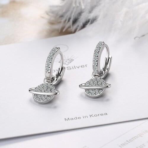 925 Sterling Silver Piercing Crystal Planet Charm Stud Earring For Women Girls Wedding Jewelry 2021 New eh700