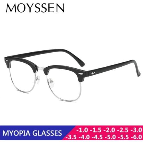 Men Classic Vintage Semi-rimless Finished Myopia Glasses Women Rivet Brand Design Prescription Eyeglasses Frame -0.5 -1.00 -1.50