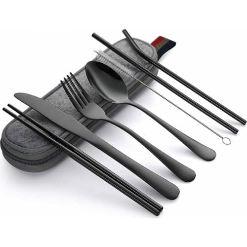 8Pcs/set Tableware Reusable Travel Cutlery Set Camp Utensils Set with stainless steel Spoon Fork Chopsticks Straw Portable case