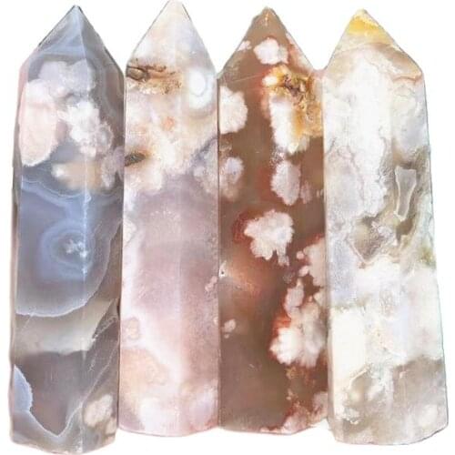 Natural Crystal Quartz Point Healing Stone Tower Cherry Blossom Agate Hexagonal Obelisk Wand Stone Tower Home Decor
