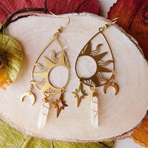Celestial Brass Sun Earrings with Charms / Sun and Moon Gemstone Earrings in Gold