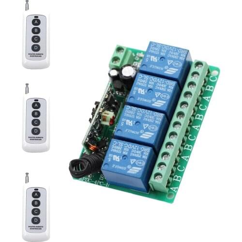 Newest DC12V 10A 4CH RF Wireless Relay Remote Control Switch 3 Transmitter +1 Receiver Light Switch for Home Automation