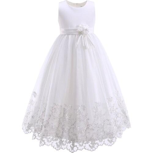 2021 New Girl Dress White Pure Lace Trimming Tulle Wedding Outfit No Sleeves Flower Belt Size 7 8 9 10 11 Years Old Fancy