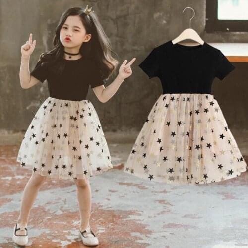 4-11 Years Kids Girls Dress Fashion Summer Cotton Sweet Dress Girls Star Mesh Black Princess Dress For Children Girls Clothes