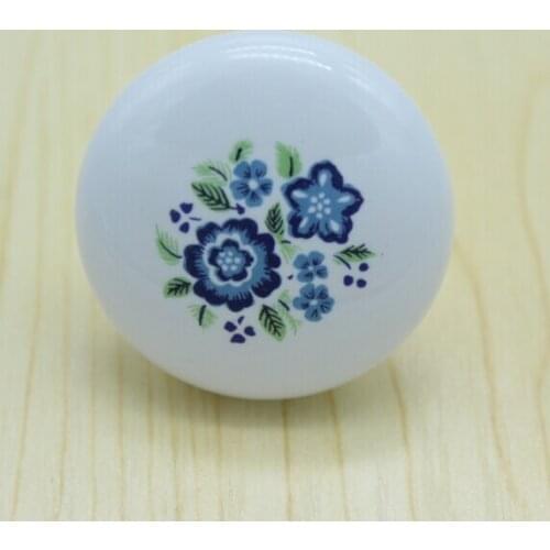 Diameter 38mm white ceramic kitchen cabinet knobs,blue flower ceramic drawer dresser wardrobe furniture handles pulls knobs