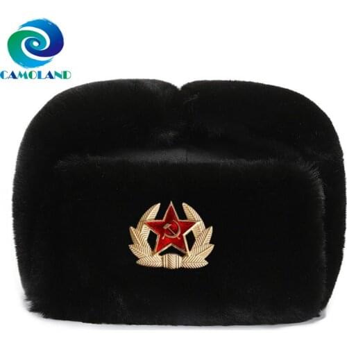 CAMOLAND High Quality Warm Faux Fur Bomber Hats Women Men Soviet Badge Russia Ushanka Pilot Hat Windproof Earflap Cap Skiing Cap
