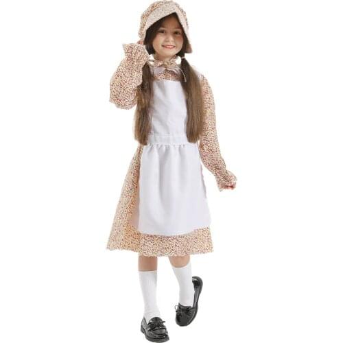 Snailify Vintage Victorian Colonial Pioneer Girls Costume Village Maid Cosplay Floral Dress Kids Halloween Christmas Fancy Dress