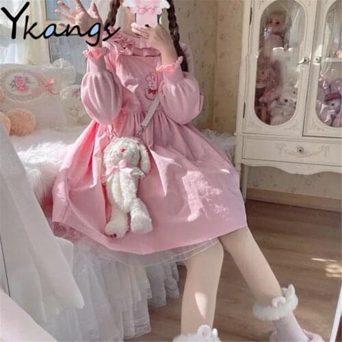 Japanese Preppy Style Sweet Girl Kawaii Strap Dress Embroidery Sleeveless Square Collar Bow Loose Clothing Design Sister Outfit