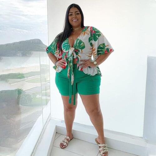 Plus Size Women Clothing Two Piece Set 4xl Sexy V Neck Short Sleeves Bind Print Tops Leisure Shorts Sets Wholesale Dropshipping
