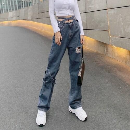 SEASONS Hollow Out Buckle Hole Fashion Straight Jeans Women High Waist 90s Vintage Denim Pants Fashion Capris Trouser ASPA82179
