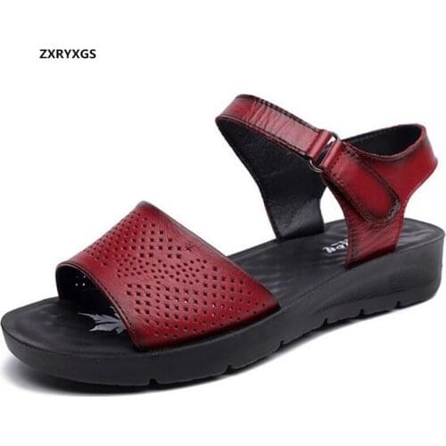 2020 New Hollow Genuine Leather Sandals Summer Shoes Woman Casual Sandals Soft Comfortable Sandals Flat Non-slip Women Sandals