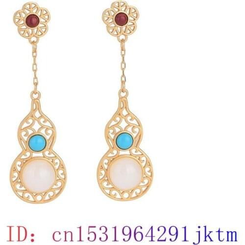 White Jade Gourd Ear studs Amulet Gifts Fashion Chalcedony 925 Silver Jewelry Women Zircon Charm Crystal Natural Earrings