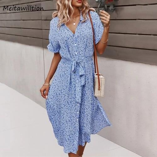 2021 Summer Women Bandage Dress Casual Short Sleeve Button Boho Sundress Vintage Floral Print Party Dresses
