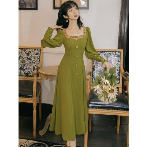 Women Vintage Green Dress 2021 Spring Retro Embroidery Square Collar Lantern Sleeve Slim Lady Long Dresses Dinner Party Night