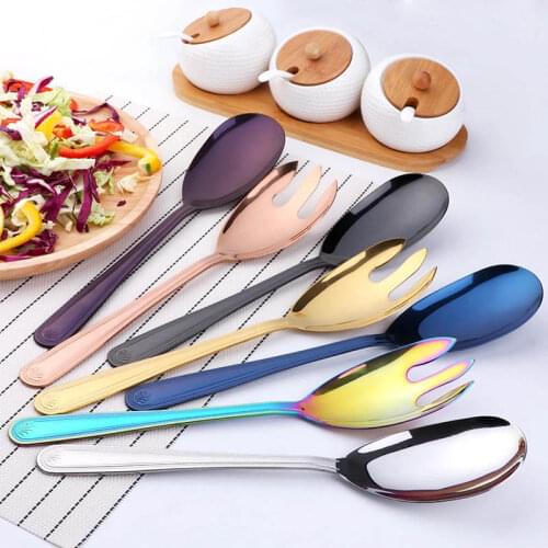2Pcs/Set Large Stainless Steel Salad Spoon Fork Kitchen Food Server Pasta Long Handle Tableware Party Buffet Restaurant Tools