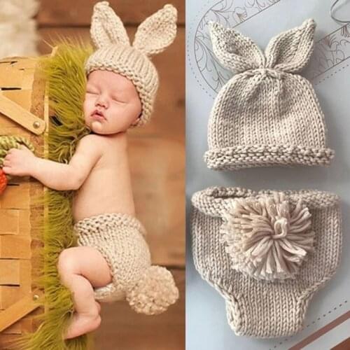 2pcs/Set Newborn Photography Props Knitted Cute Rabbit Shaped Hat+Shorts Outfits Costume Winter Baby Photo Props Clothes Suit
