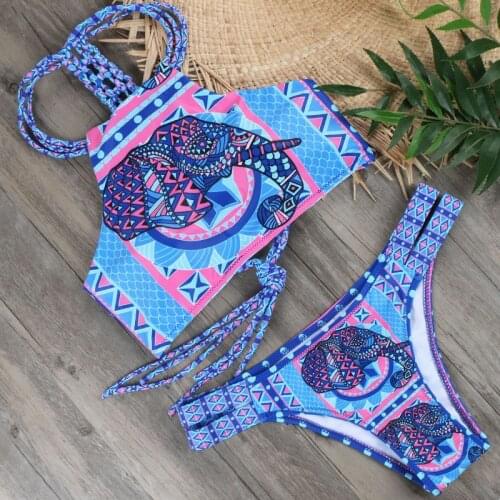 2019 High Neck Tank Sexy Bikini Set Totem Swimwear Beach Women Crochet Swimsuit Female Beachwear Cut Out Monokini Bathing Suit