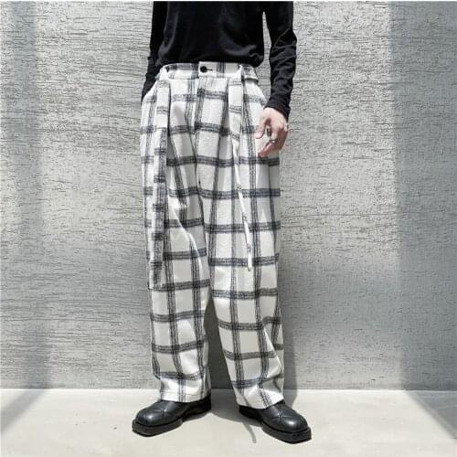 2021 New Men Autumn Winter Casual Loose Thick Wool Plaid Belt Pants Men Streetwear Vintage Harem Trousers Wide Leg Pant