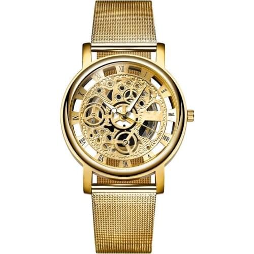 New Mens Fashion Hollow Watches Men Business Watch Male Stainless Steel Mesh Belt Skeleton Quartz Wristwatch Relogio Masculino