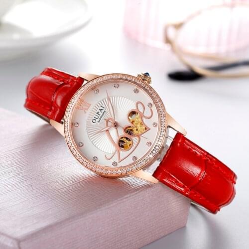 OUPAI Automatic Lady Watch Womens Luxury Fashion Watches Diamond Tourbillon Watch Leather Strap Watch Gift Box Relogio Feminino