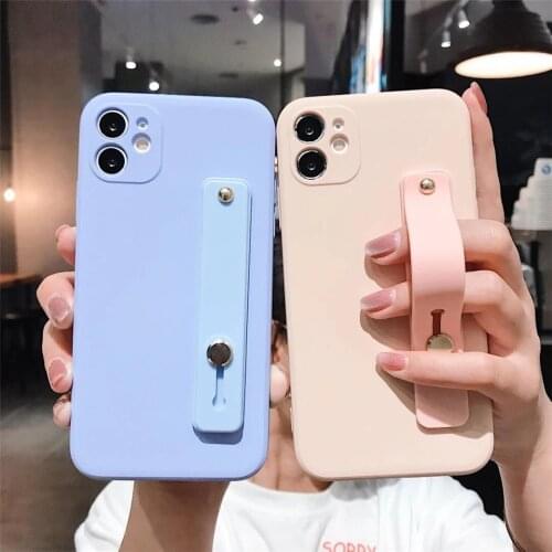 Candy Color Wrist Strap Phone Case For iPhone 12 MINI 11 Pro XR XS X XS Max 6 6S 7 8 Plus Square Liquid Silicone Holder Cover