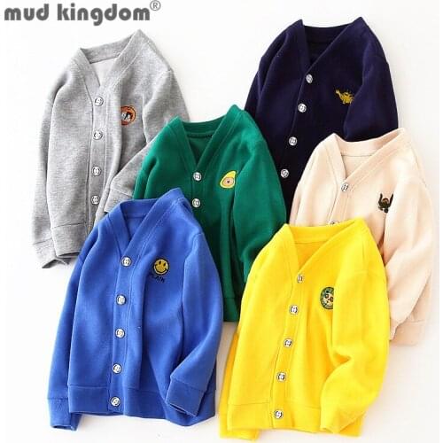 Mudkingdom Boys Sweater Vest Embroidery Long Sleeves V-Neck Kids Cardigan Cartoons Single Breasted Outerwear Children Clothing