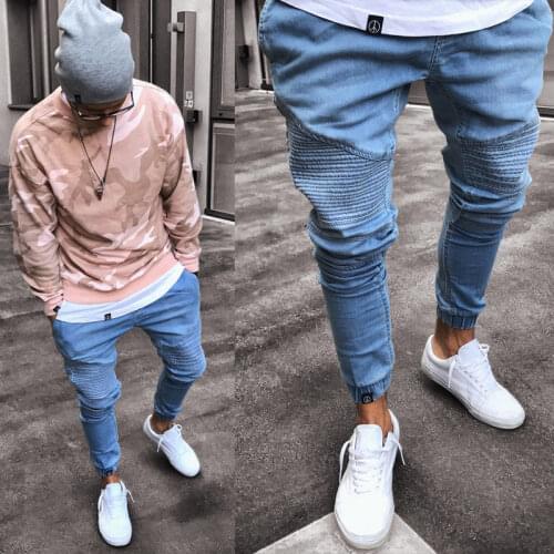Mens Stretchy Ripped Skinny Biker Jeans Destroyed Slim Fit Denim Pants Mens Elastic Waist Harem Pants Men Jogger Clothes