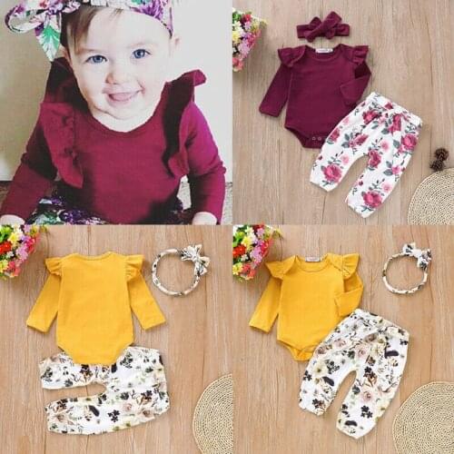 Pudcoco Baby Girl Outfits Set 0-18M Newborn Baby Girl Clothes Ruffle Long Sleeve Romper shirt Top+Floral Bow Pants Cute Outfits