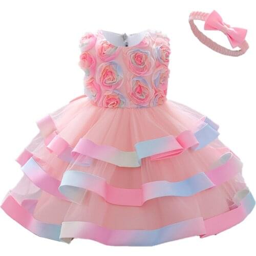 Summer Infant Baby Dress For Girls Colorful Flower Princess Dresses 1 2 Years Birthday Party Christening Gown Children Clothes