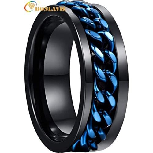 Mens 8mm tungsten carbide ring Black Tungsten steel Ring with Blue Rotatable Chain Inlaid Comfort Fit Size 6-12