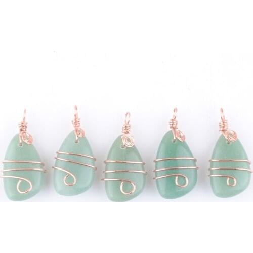 Wholesale 6Pcs Aventurine Natural Stone Pendant Jewelry Gift For Women Copper Wire Wrap Irregular Bead Rose Gold Color TN4172