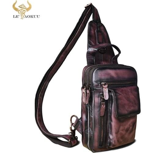 Luxury Men Natural Leather Fashion Wine Sling Chest Bag Design Travel Triangle Cross-body Bag Daypack 8" Tablet Male B574