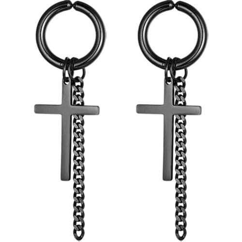 Boniskiss Gothic Punk Cross Chain Drop Earrings Non Piercing Clip On Stainless Steel Earrings For Men Women Fashion Jewelry