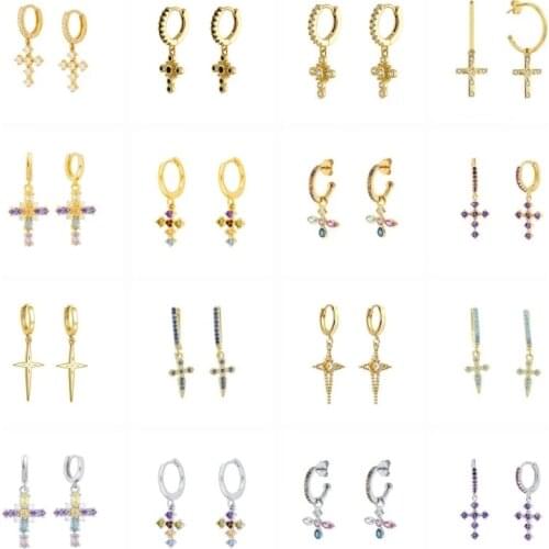 Aide 925 Sterling Silver Dangling Cross Earrings Colorful Cubic Zirconia Jeweled Various Cross Pendant Drop Dangle Earrings Gift