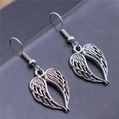 Vintage Antique Silver Color 21x16mm Hollow Double Angel Wings Charms Dangle Earrings Drop Earrings For Women