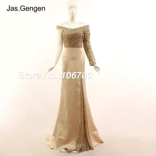 2019 Mermaid One Sleeve robe de soiree Evening Dress Off Shoulder Pleat Ruched Glitter Shining Silver Gold Color Long Prom Gowns