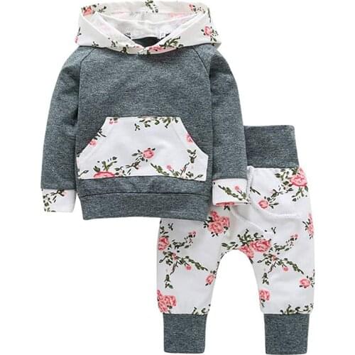 Spring and Autumn Popular Baby Girls Clothing Sets Flowers Long Sleeve Hoodie Tops Pants Outfit Boys Cotton Sets Kids Clothes