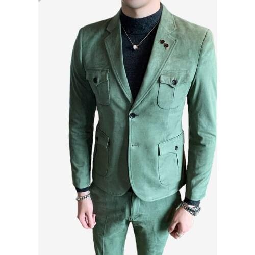 Suede Men Suits Two Pieces New Autunm Green Pocket Long Sleeved Korean Casual Business Slim Fit Blazers Suits Costume Homme