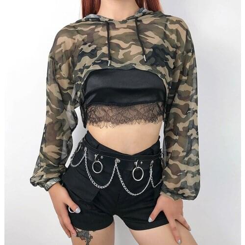 Hirigin Women Blouses Camouflage Sexy Women Long Sleeve Perspective Blouse Casual Tops With Hat See Through