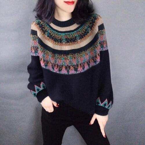 European station casual ethnic style stitching round neck black sweater knitwear womens 2021 spring new European goods