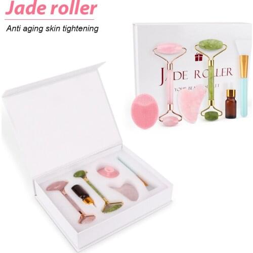 Face Lift Massager Set Crystal Roller Facial Massage Relaxation Jade Roller Stone Natural Rose Quartz Beauty Skin Tool Girl Gift