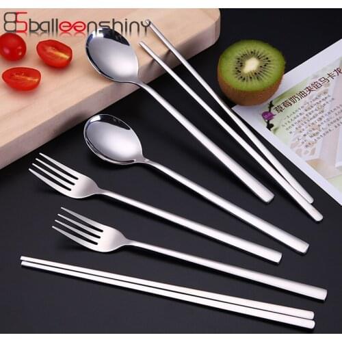BalleenShiny Stainless Steel Long Chopsticks Soup Spoon Japanese Style Rice Sushi Salad Fork Kitchen Restaurant Hotel Cutlery