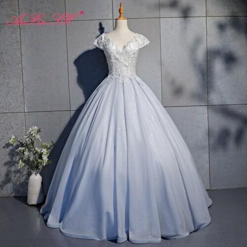 AXJFU princess silvery lace evening dress luxury vintage bride beading crystal v neck flower sparkly dubai lace evening dress