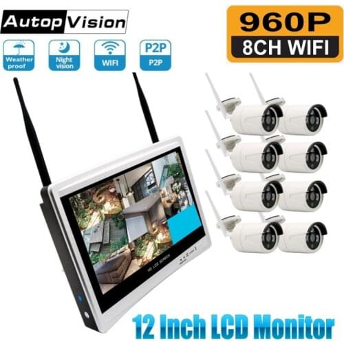 12 Inch LCD Monitor Wireless CCTV Security System Video Surveillance Kit 8CH WiFi NVR Kit P2P 960P Wireless CCTV IP Camera Kits