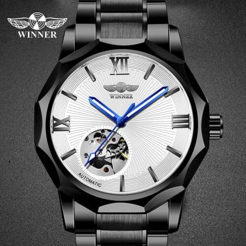 WINNER Black Watch Automatic Mechanical Mens Clocks Steel Strap Luminous Hands Male Watches Top Brand Luxury