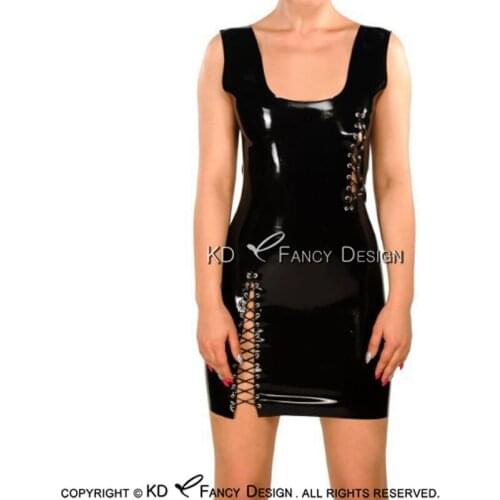 Black Sexy Sleeveless Latex Dress With Lacing Zipper At Front Rubber Bodycon Playsuit LYQ-0145