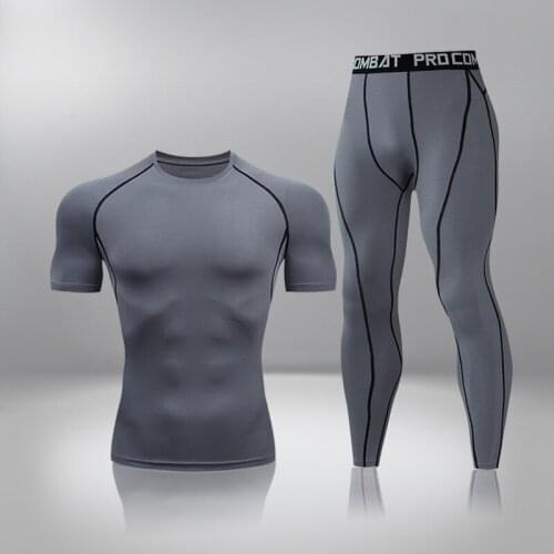 Short Sleeve T-Shirt 2pcs / Set Tracksuit Men Sport Fitness Clothing Compression Running Jogging Sportswear Exercise Stockings