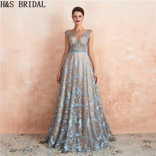 H&S BRIDAL Lace Prom Dresses Long 2019 Girls Blue Crystals Party Evening Dress Round Neck Formal Evening Gowns