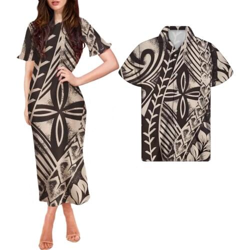 HYCOOL Summer Elegant A Line Dress O Neck Floral Print Mini Dress Flare Short Sleeve Button Party Dress Vestido Couple Set