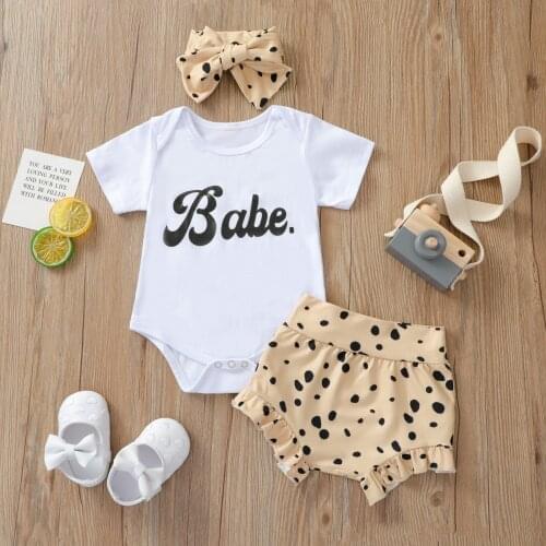 3Pcs Newborn Summer Set Baby Girl Clothes Letter Print Short Sleeve Round Neck Romper + Ruffle Leopard Shorts + Bowknot Headband
